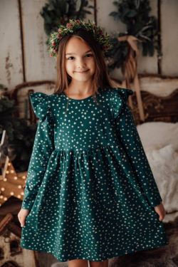 Kislany karácsonyi pamut ruha arany csillagokkal és fodrokkal