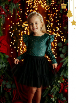 Kislány karácsonyi póló arany csillámokkal és fodros ujjal