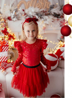 Kislány karácsonyi póló arany csillámokkal és fodros ujjal