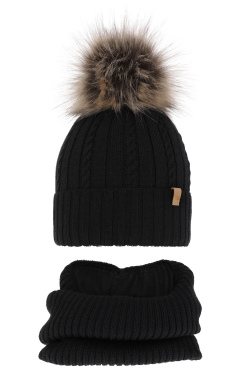 MERINO gyapjú kötött téli sapka pompommal és csösál